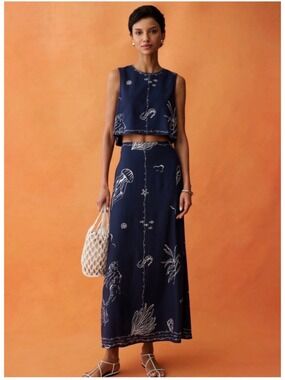 Women's Few Moda Navy White Sea Life Print Skirt Set Size 0